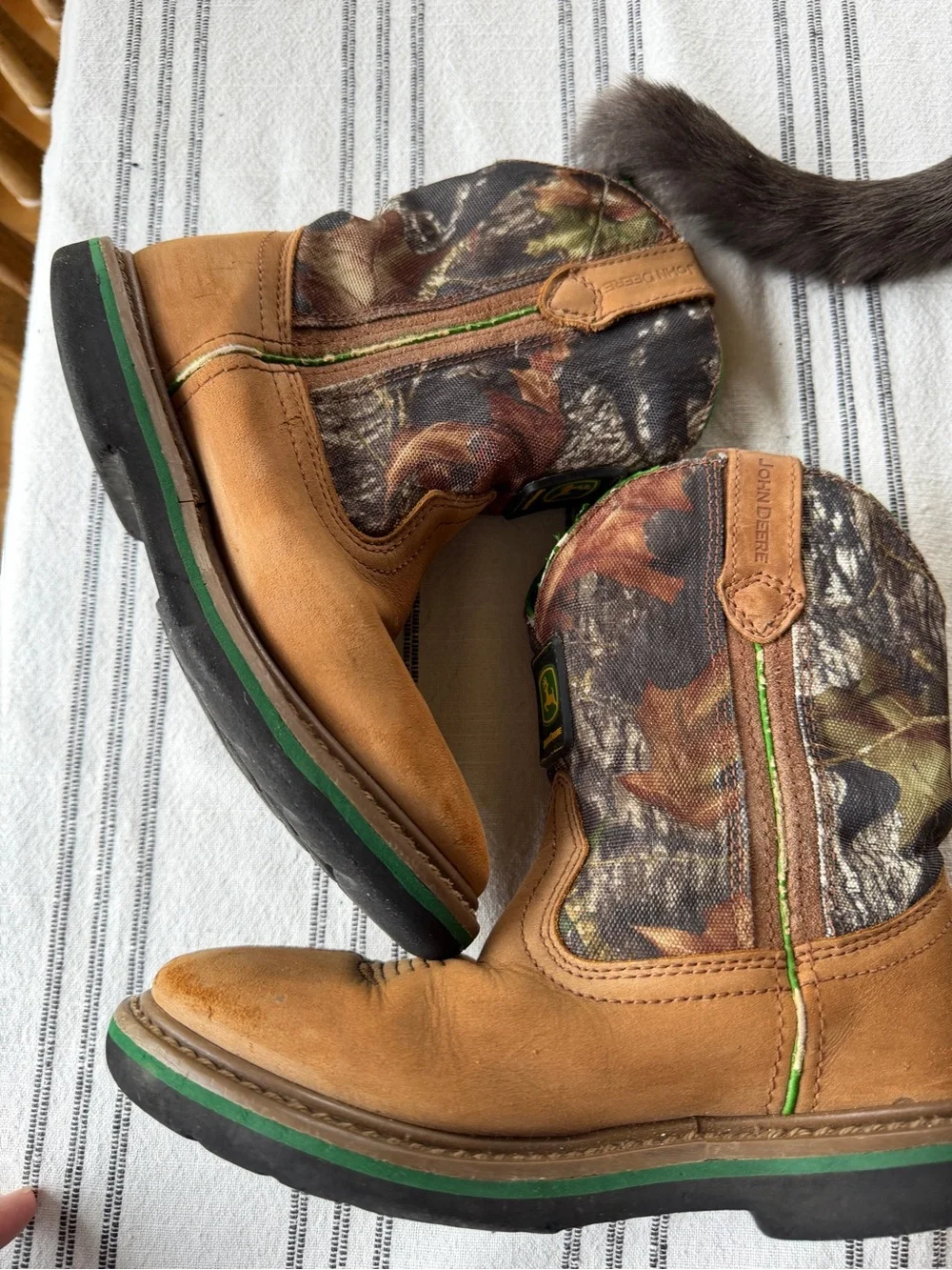 John Deere Tan Leather & Camo Kids Pull-On Boots with Green Trim,Boys 1.5